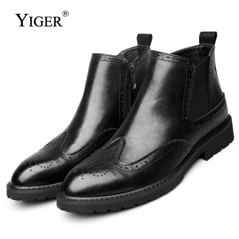 YIGER NEW Chelsea Boots Men Shoes Bullock Black Leather Spring/Autumn Work Ankle For Footwear 2018 0008 | Обувь