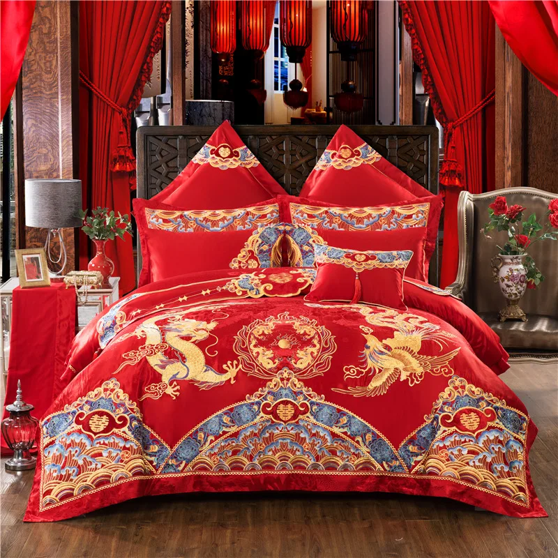 

Luxury Red Wedding 100% Cotton Bedding Set Golden Phoenix Dragon Embroidery Duvet Cover Bed Flag Bed Sheet Bedspread Pillowcases