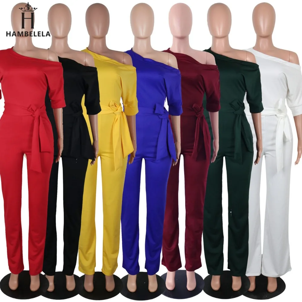 Hambelela 2017 High Quality Autumn Casual Jumpsuit One Shoulder Slash Neck Button Full Length Jumpsuit Short Sleeve Wide Legs Jumpsuit (1)
