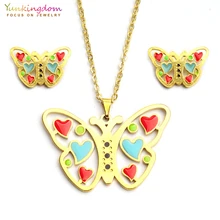 Yunkingdom colorful butterfly resin jewelry sets for women fashion stainless steel pendant chain necklace earring set UE0150