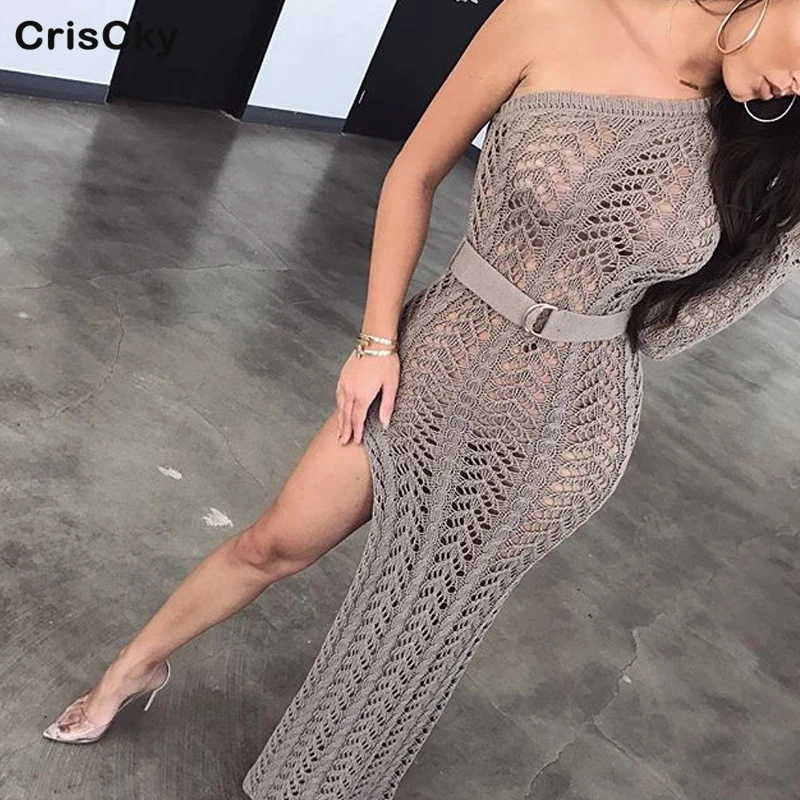 CRISCKY New Woman Solid Dress Female Long Sleeve One-Shoulder Knitted Hollow Out Slit Dress Ladies Sexy Beach Party Belt Dresses
