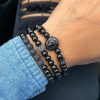 

New Fashion Men Bracelets Set Charm Luxury Pave CZ Ball & black lion head 6mm beads bracelet Jewelry Male pulseras para hombre