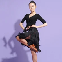 Юбка для латинских танцев женская черная бахрома кисточки сексуальные раздельные юбки Румба Танго Одежда для танцев тренировочная одежда для выступлений DNV10451