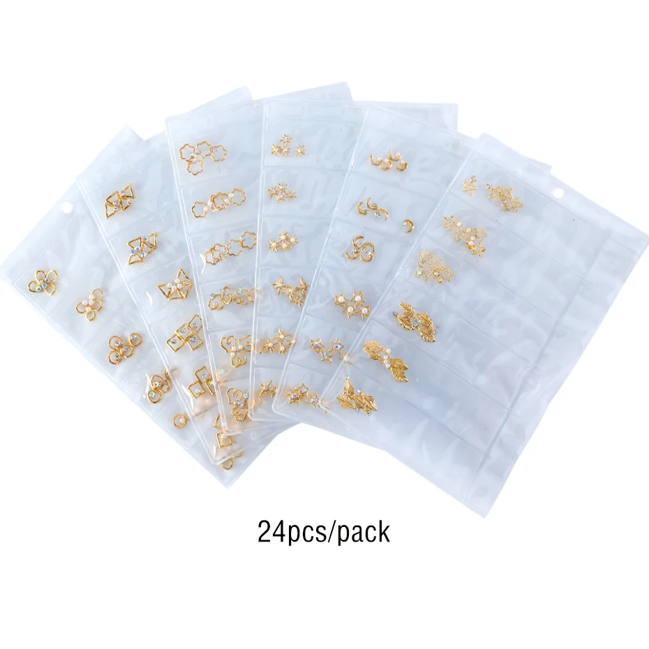 24pc Gold 3D Nail Art Decorations Charm Alloy Metal Set Mixed Star Moon AB Rhinestones Jewelry Frame Rivet DIY Accessories LA971 (4)