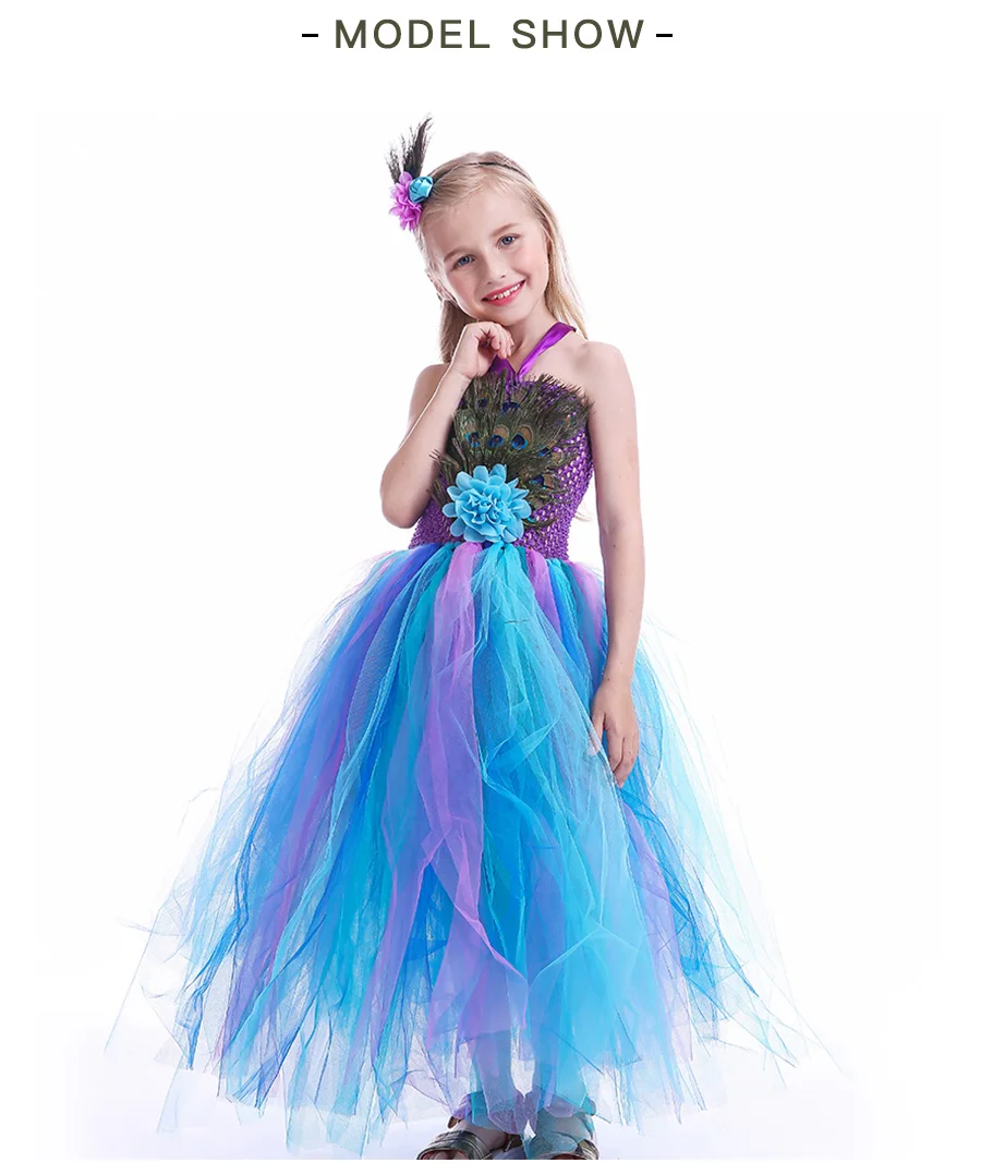 Peacock Feather Flower Girl Tulle Tutu Dress Pageant Wedding Halloween Costume Kids Birthday Party Purim Couture Dress (14)
