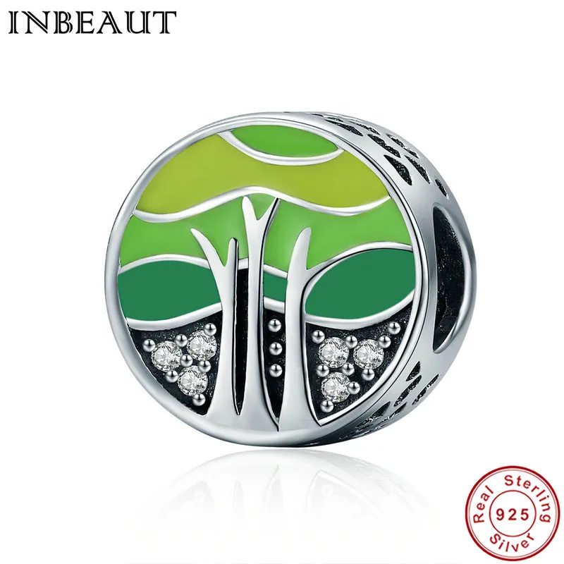

INBEAUT Engagement Chain Beads 925 Sterling Silver Beads Shine Zircon Paved Spring Tree Carved Charm fit Fashion Bracelet