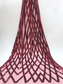 

African Lace Fabric 2019 High Quality Lace Wine Sequins Fabric French Nigerian Gold Line Lace Fabric 3d Embroidery Wedding Lace
