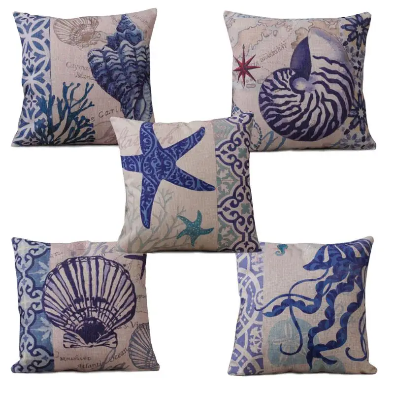 43 x 43cm Household Pillowslip Mediterranean Style Blue Ocean Sea Cotton Linen pillow Cover Home