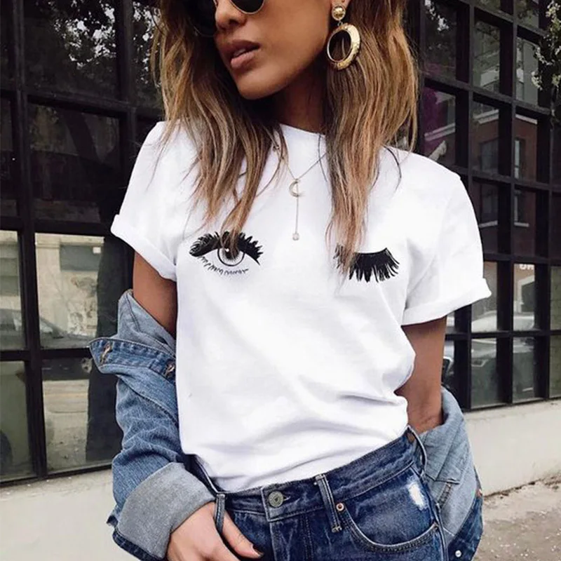 

T shirts Women 2018 Summer Causal Short Sleeve T shirts Cotton Women White Round Neck Wink Eyes Print Cute Tee