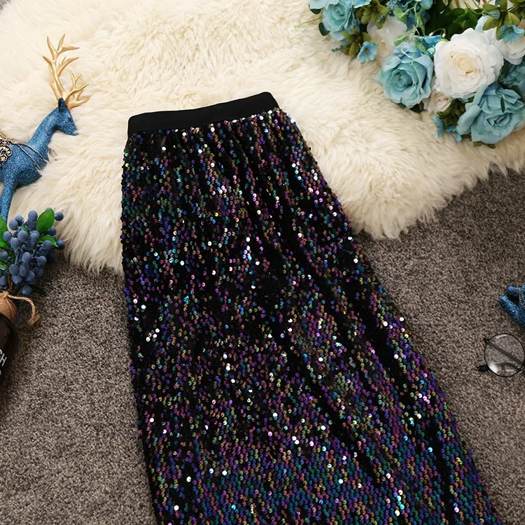 HISUMA 2021 autumn winter new women's chic sequines shiny package hip skirts female high waist vintage bling pencil skirt white tennis skirt