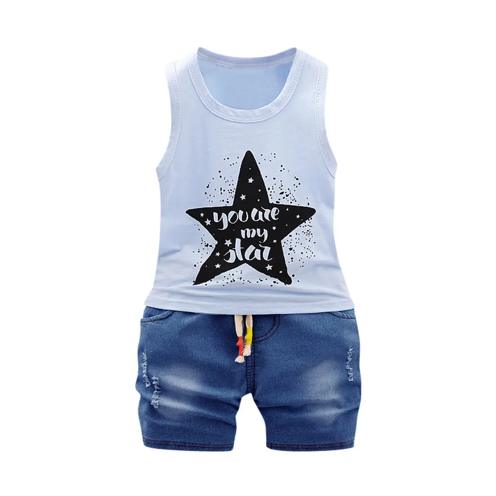 

Fashion Personality Pentagram Letter Top Denim Shorts Set Boys Girls Star Letter Tops Vest+Shorts Outfits Clothes Set F4