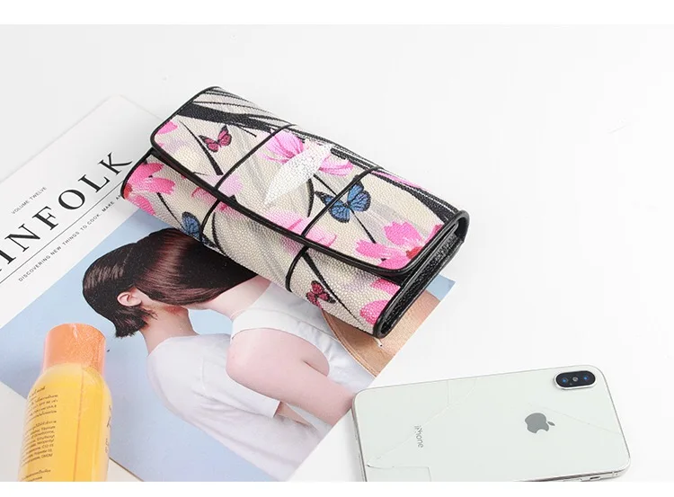 Модный Цветной женский кошелек Khiki с цветочным рисунком, настоящая кожа ската, Дамский кошелек для карт, экзотические кожаные женские большие клатчи, держатель для телефона