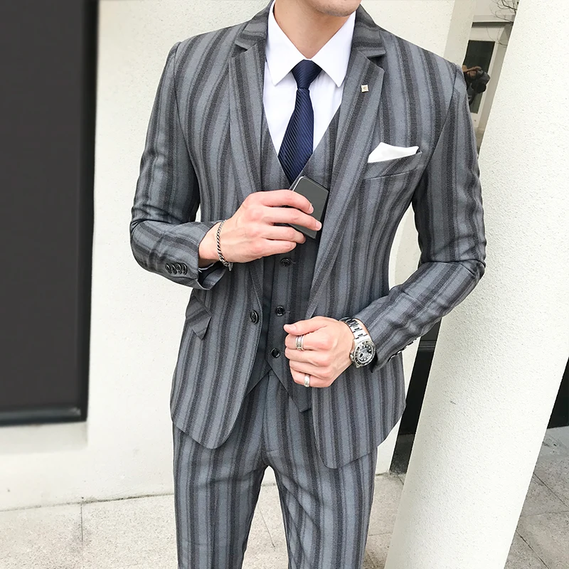 3 Pieces Men's Suit Korean Style Casual Striped Suit Men Clothes Dress Slim Fit Wedding Prom Formal Mens Suits with Pant Vest