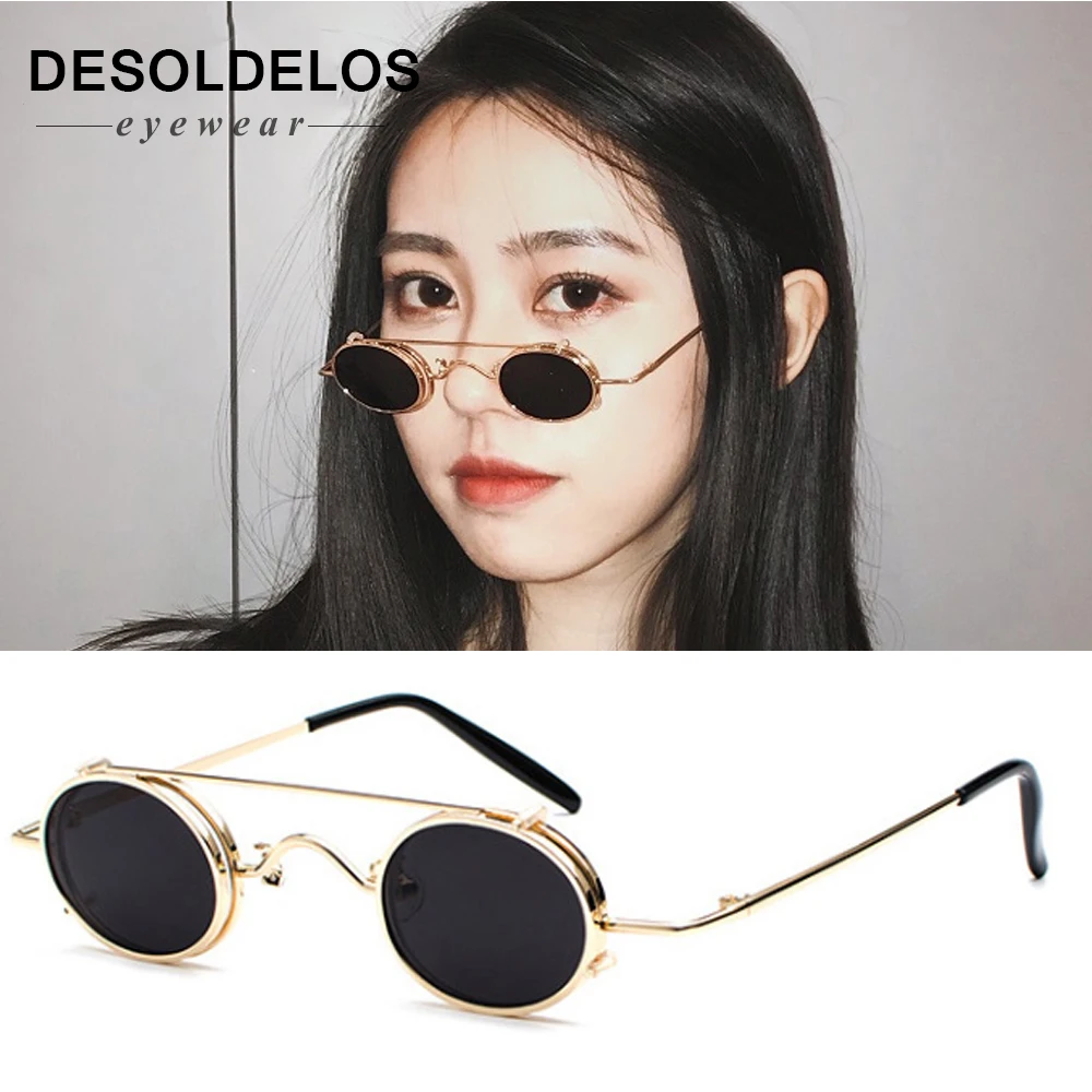 DesolDelos Small oval sunglasses women retro vintage metal frame silver gold black punk clip on sun glasses for men gift