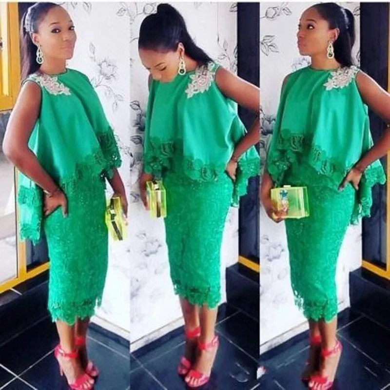 

Aso Ebi Style Women Chic Cocktail Dresses Green Lace Tea Length Applique Formal Gowns with Cloak 2019 Sheath Short Prom Dress