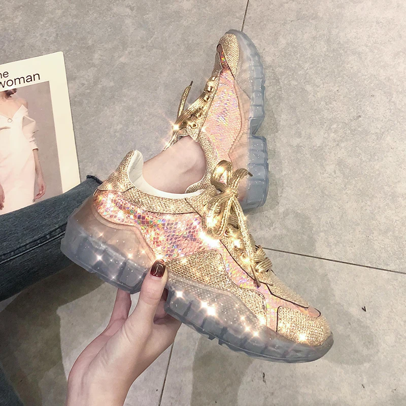 

High Quality Women Sneakers Sport Shoes Walking Shoes Crystal Sequins Heightening Shoes Big Size Gold Silver 35-40 Non-slip Mesh