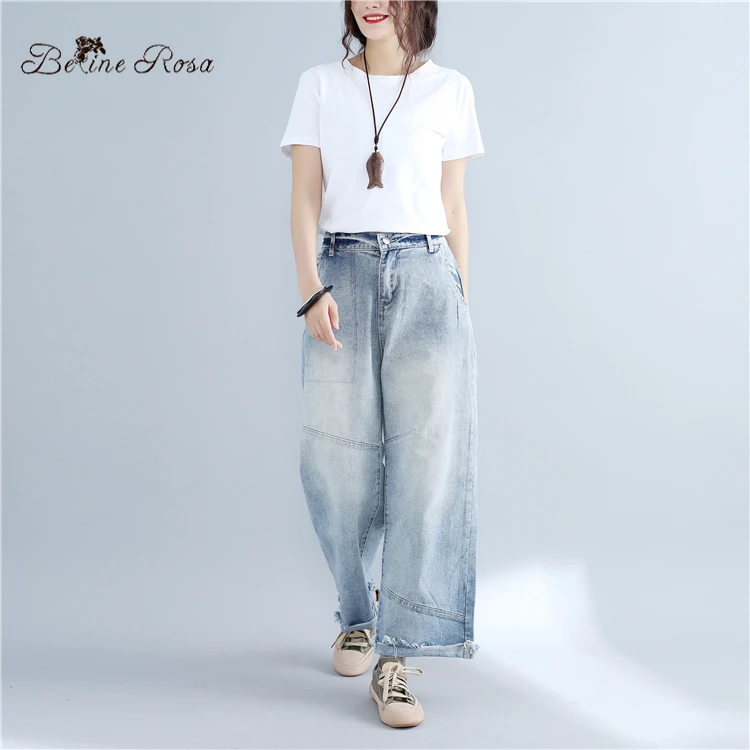 BelineRosa размера плюс женские джинсовые брюки отбеленные свободные упругие талии широкие брюки [Анна настоятельно рекомендуется] BSDM0072