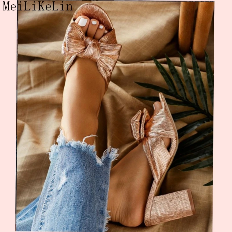 

MeiLiKeLin Big Size 35-42 Block Slippers Women Open Toe High Heels Party Fashion Slipper Shoes Champagne color Bowtie Slides New