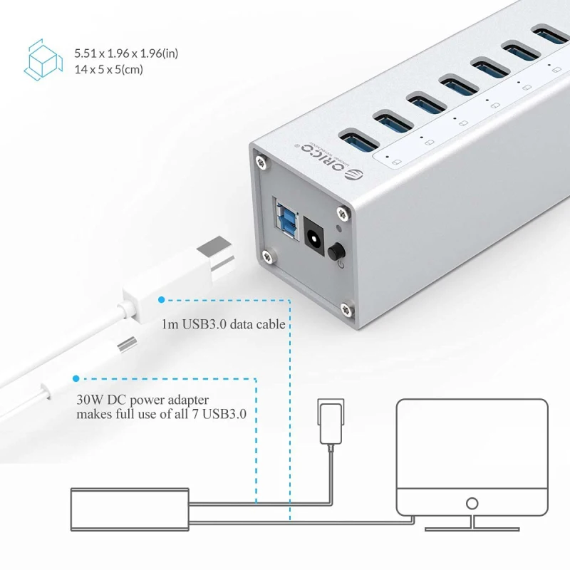 ORICO алюминиевый концентратор USB 3,0 с 7 портами с адаптером питания 12V2A и 3.3Ft. USB3.0 Дата кабель-серебристый(A3H7