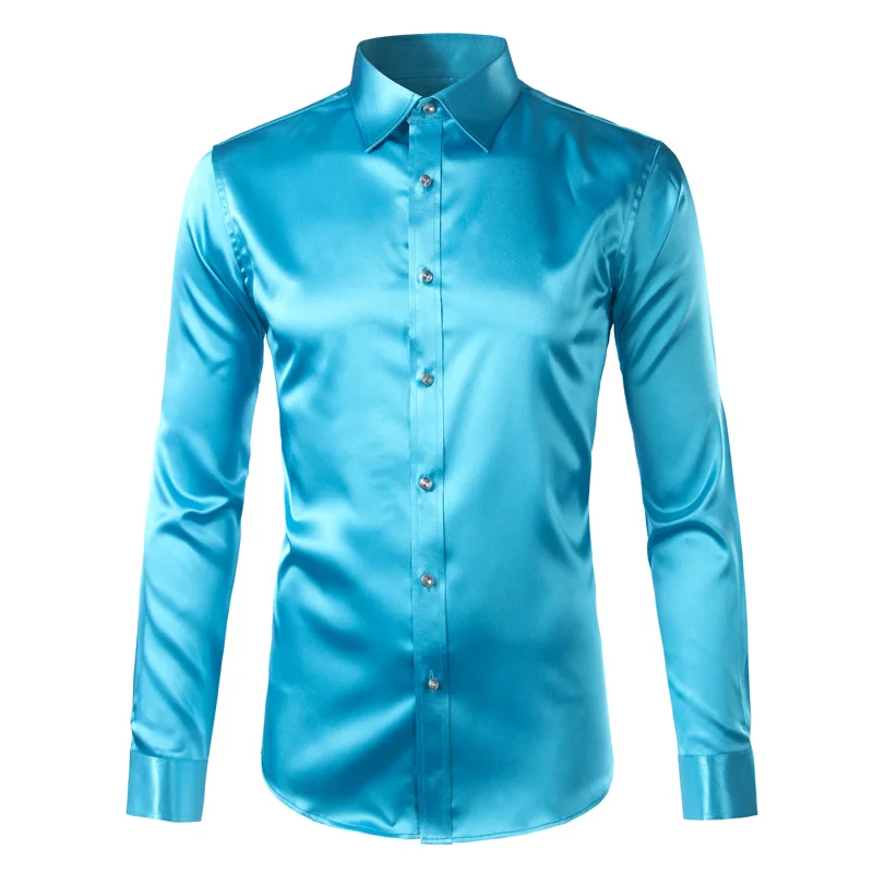 Трендовая шелковая атласная Мужская рубашка с длинным рукавом Chemise Homme модная мужская приталенная рубашка из искусственного шелка на пуговицах - Цвет: lake-blue