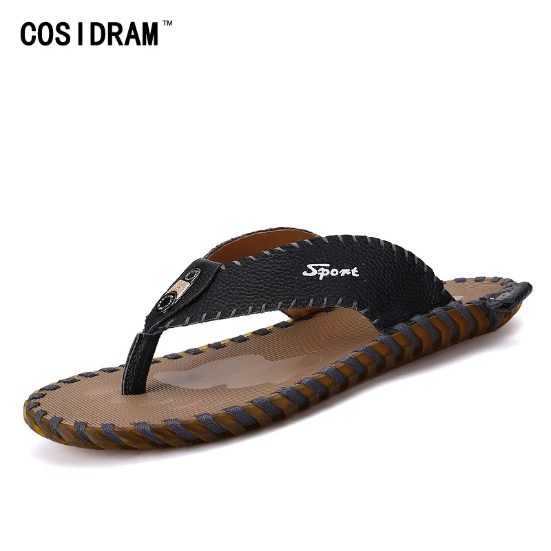 

New 2017 Flip Flops Flat Heels Soft Bottom Men Slippers Genuine Leather Male Slides Casual Summer Beach Shoes Fashion RMC-985