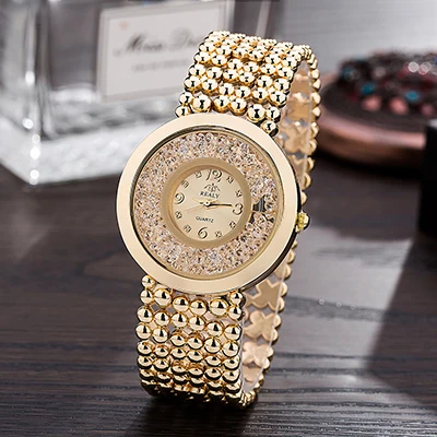 Популярные часы realy бренд женские Стразы Наручные часы золото/розовое золото/серебристый футляр для часов круглый бисер цепочка ремешок с подарочной коробкой - Цвет: gold