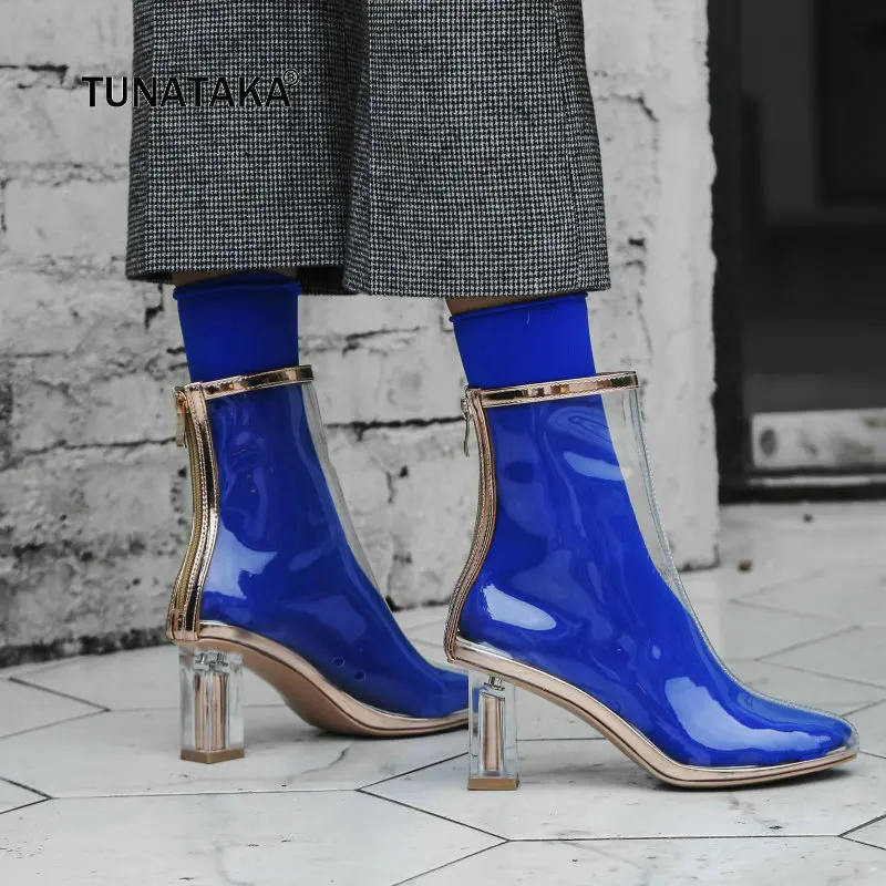 

High Quality Women Fashion Transparent Boots High Heel Zipper Ankle Boots Round Toe Spring Autumn Sexy Ladies Shoes 2018 New