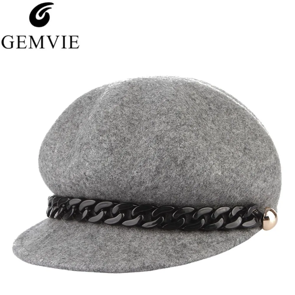 

New Trendy Rivet Chain Beret Hat Women Newsboy Cap Autumn Winter Hats Wool Octagonal Cap Female Artist Painter Hat Boina