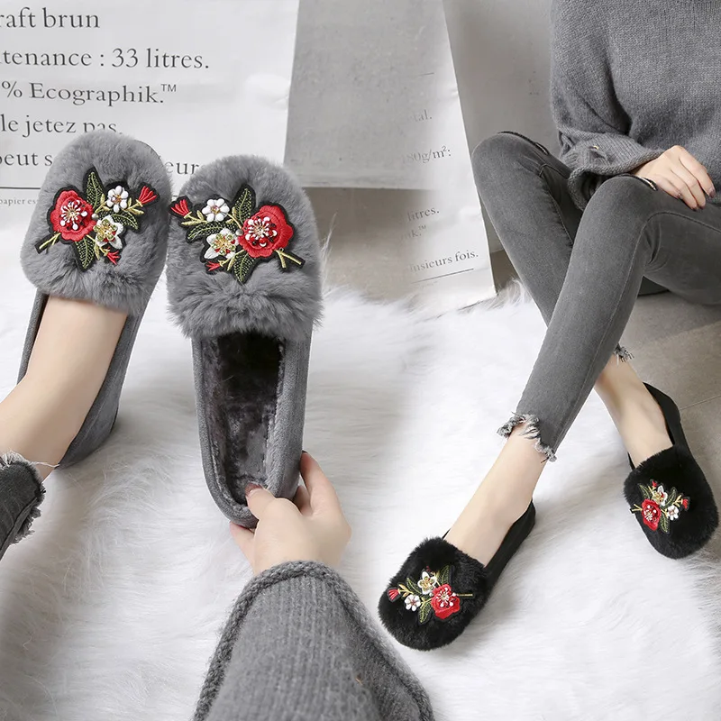 

embroidery flower appliques fur shoes woman brand design floral moccasins mixed colors furry loafers short plush cotton shoes
