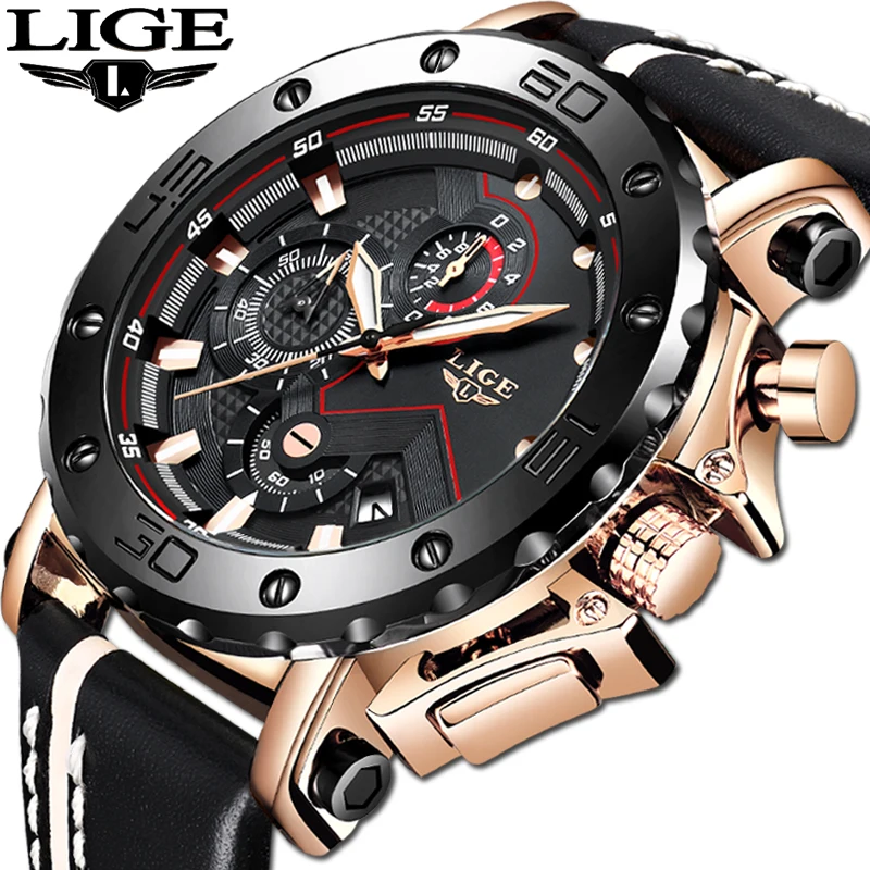 

LIGE New Men's Large Dial Military Sport Watch Men Watch Top Bbrand Fashion Leather Waterproof Quartz Watches Relogio Masculino