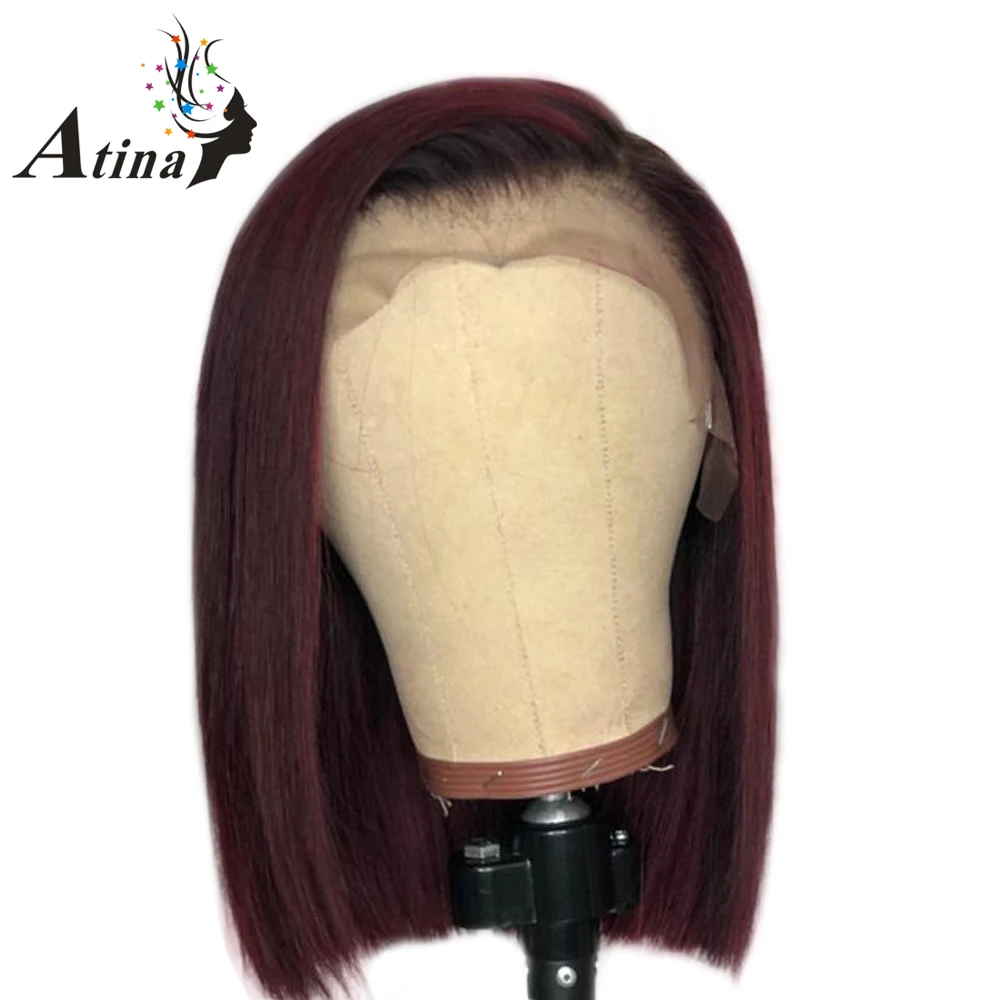 

Short Bob Full Lace Human Hair Wigs Remy Hair Ombre 1B/99j Burgundy Human Hair Wig Pre Plucked Natural Hairline Side Part Atina
