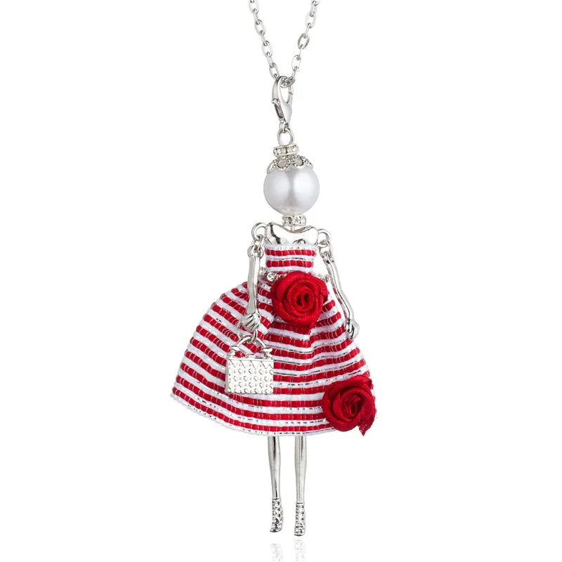 

Floral Stripe Long Dress Pendant Necklaces For Women Red Pink Gray Paris Girl Fashion Long Chain Maxi Jewelry For Girls Gift