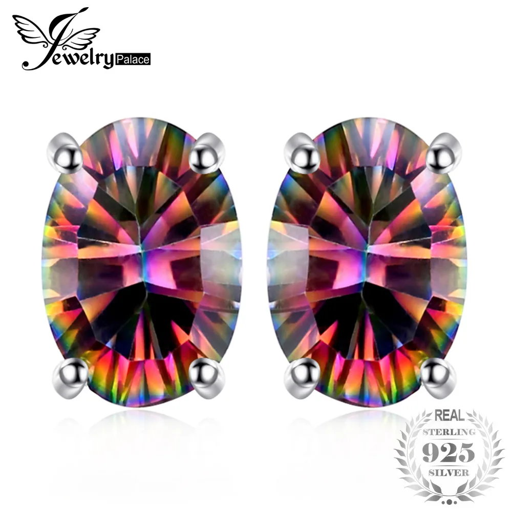 JewelryPalace 7x5mm Oval Cut 1.5ct Fire Rainbow Mystic Topaz Earrings Studs Solid 925 Sterling Silver Women Vintage Fashion
