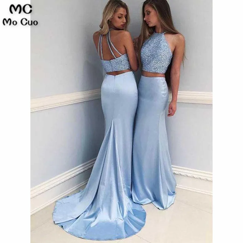 

2019 Blue Halter Mermaid Evening Dresses Long with Beading Hard Satin Sweep Train Two Pieces Gown Evening Dress long for women