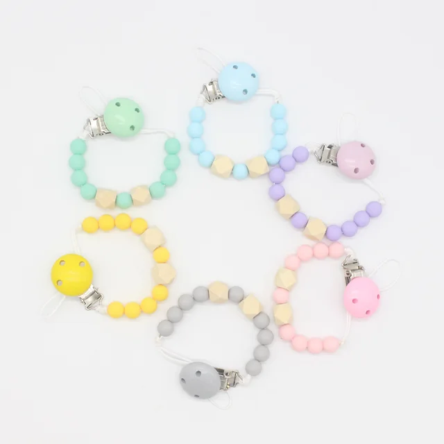 US $3.89 1pc Baby Silicone Beads Wooden Teether Pacifier Clip Chain Toddler Kids Chew Toys Holder Round Paci