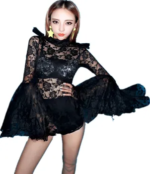 

New Stage Outfit Nightclub Bar Female Speaker Sleeves Performance Beyonce Costume Ds Dj Singer Costumes Women Black Bodysuit