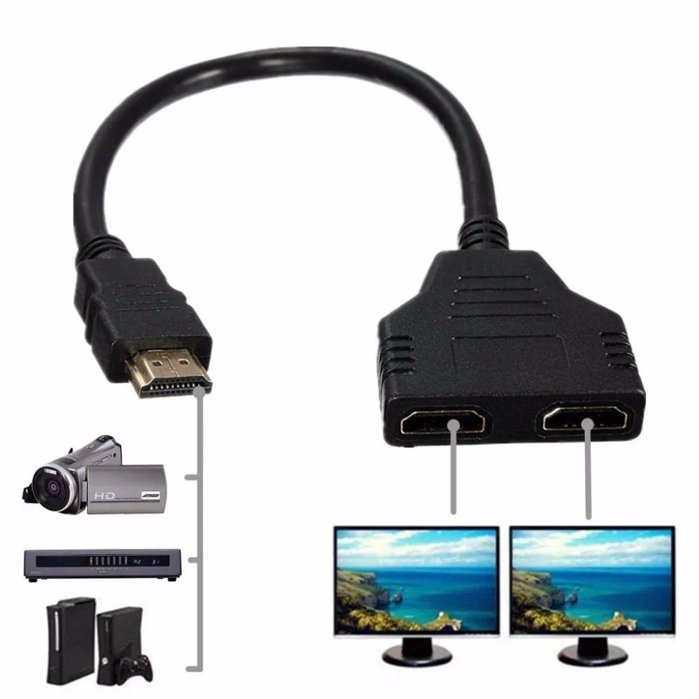 

1080P HDMI V1.4 HDMI 2 Dual Port SplitterMale To Double Female Adapter 1 In 2 Out HDMI Converter Connect Cable Cord Top Cable
