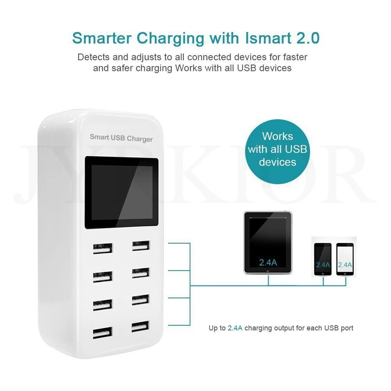 Multi 8 Port USB Charger 40W & 8-Port Smart Fast Wall/Desktop/Travel USB Charging Station with LCD Display For Phone Tablet etc