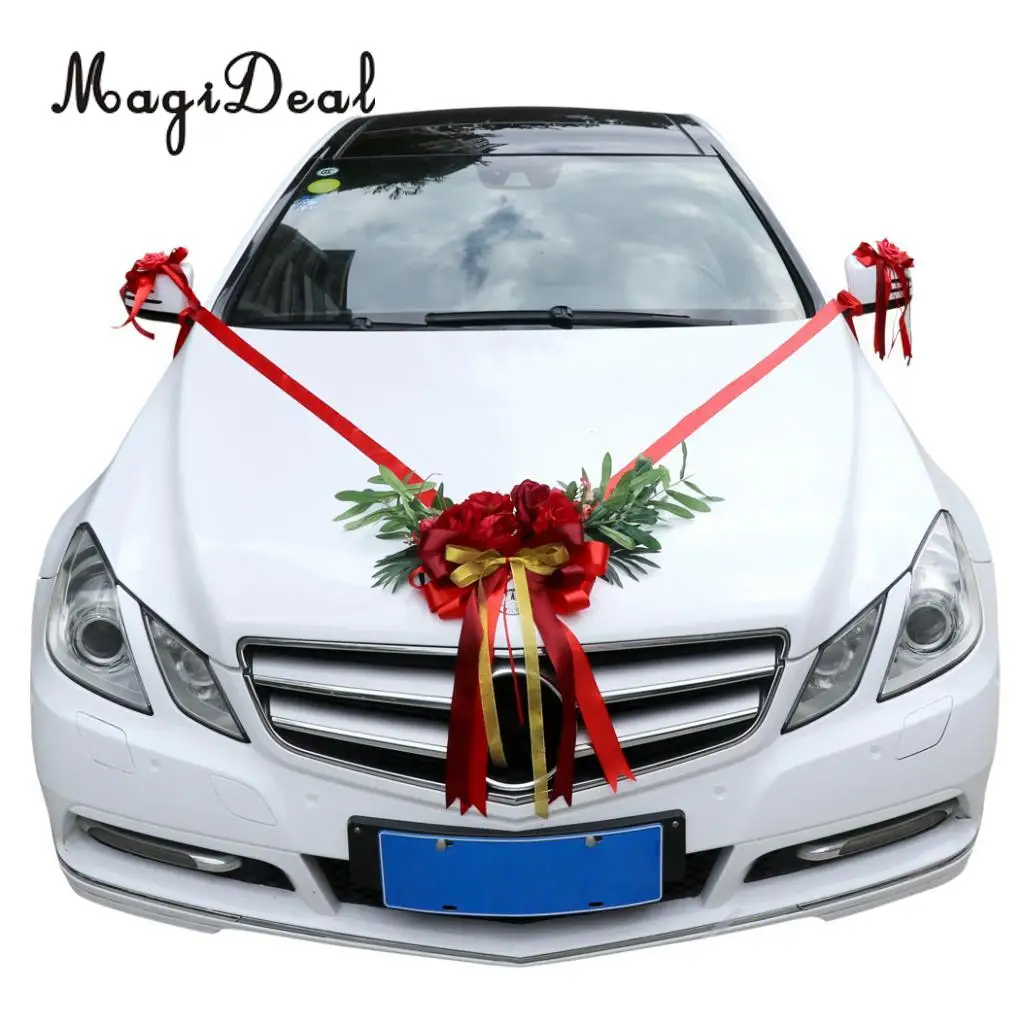 9pcs Wedding Car Decorations Kit  Artificial Silk Flower Ribbon and Bows Ties Set Limousine Car Roof Door Mirror Decor