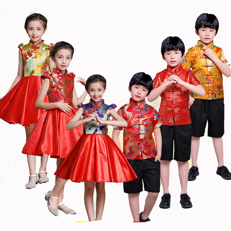 Детское китайское платье династии Тан, Китайская традиционная одежда, костюм, штаны для детей, одежда с короткими рукавами для мальчиков и девочек