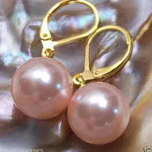 Редкий тонкий розовый 12 мм Круглый Южное море в виде ракушки жемчуг висячие серьги серьги пара серебряный крючок