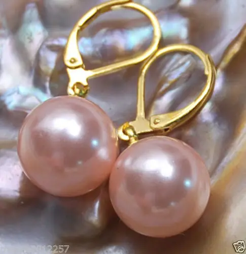 

Rare Fine Pink 12mm Round south sea shell pearl dangle earring Wholesale earrings pair silver hook