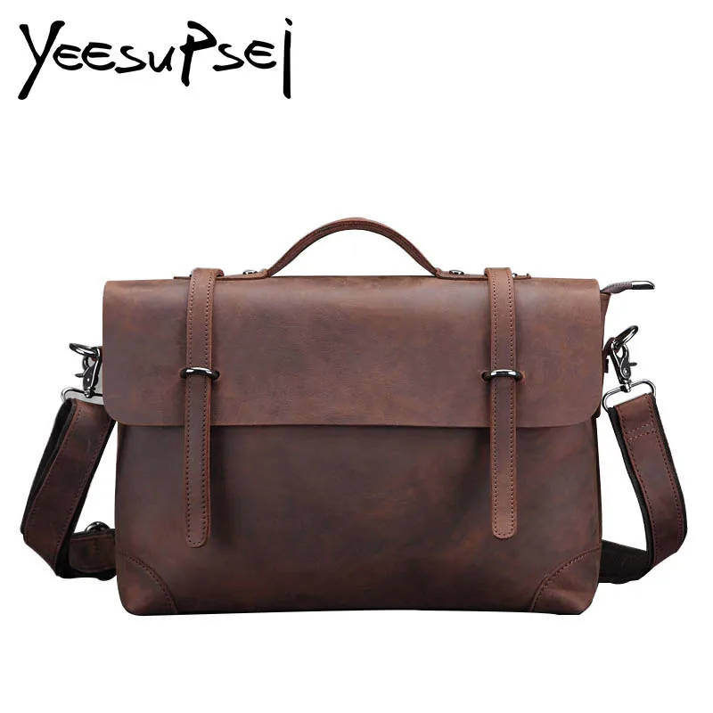 

YeeSupSei Crazy Horse Genuine Leather Men Bag Crossbody Bag Zipper Vintage Large Messenger Bag Men Two Clasp Cover Shoulder Bag