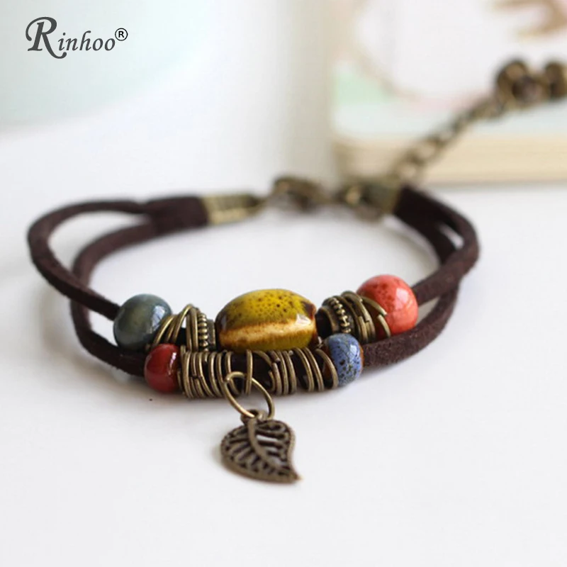 

Rinhoo Bohemia Jewelry Men Bracelets Vintage Beaded Ceramic Leather Bracelet & Bangles for Women Colorful Bead Leaf Pendant Bell