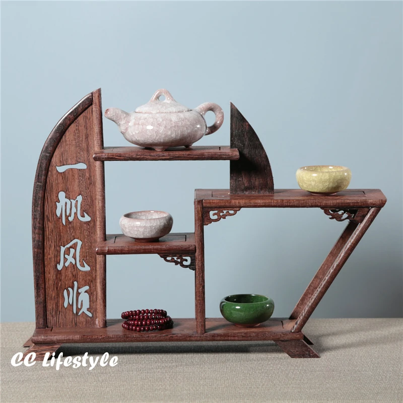 Exquisite wooden fengshui teapot shelf exhibit Display Holder vintage home decor sculpture Stand