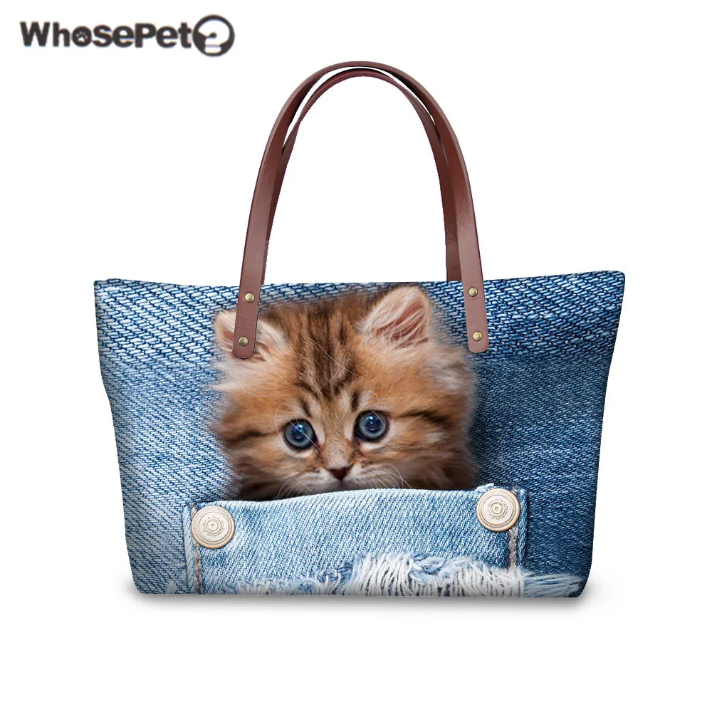 WHOSEPET Women Shoulder Bag Cute Cat Print Large Handbags Kawaii Top