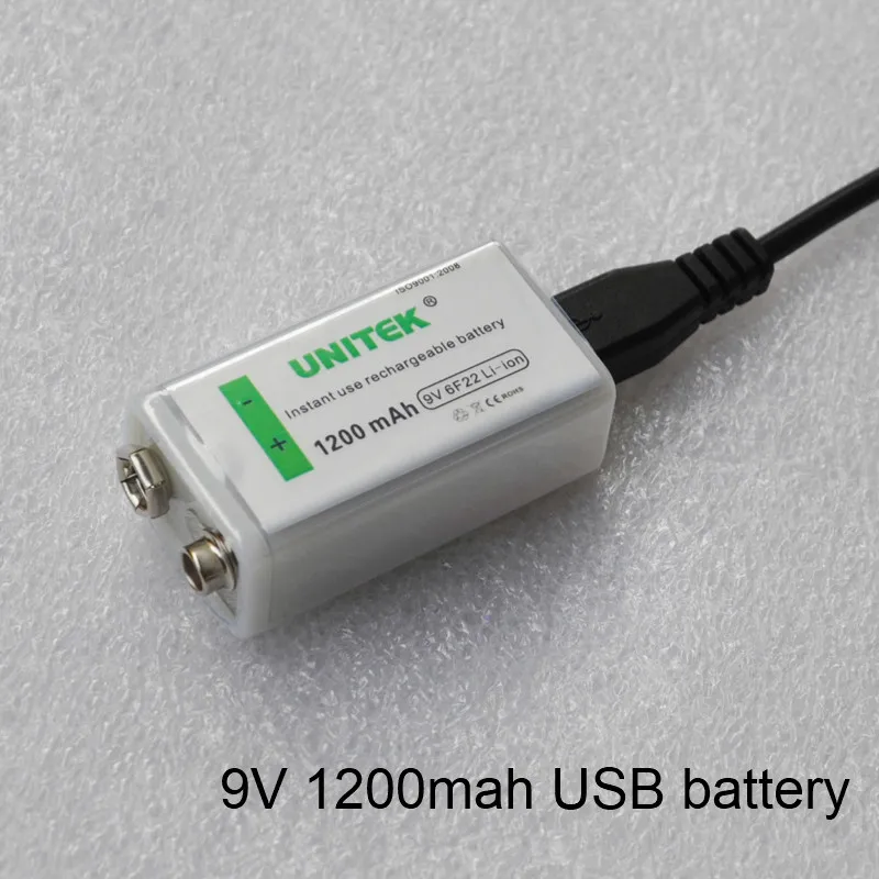 

UNITEK USB 9V rechargeable battery 1200mAh lithium ion li ion cell for wireless microphone Guitar EQ smoke alarm multimeter