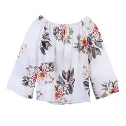 Для женщин на лето и весну одежда Повседневное Цветочный принт Свободная блузка с открытыми плечами длинными расклешенными рукавами
