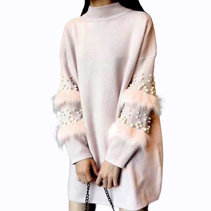 

PERHAPS U pullover pearl beads fur knitted sweater mini dress loose pink gray white black long Lantern sleeve Sweater D0214