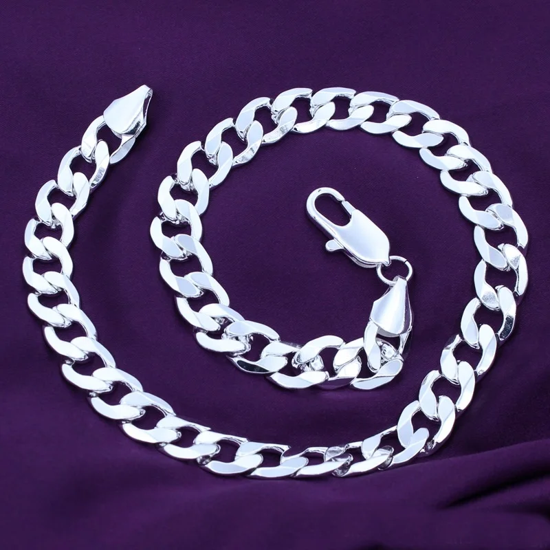 OMHXZJ индивидуальная мода унисекс праздничный свадебный подарок серебро 12 мм Фигаро Цепь 925 серебро цепь ожерелье NC195